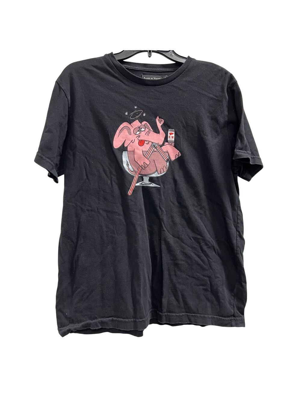 Raised by Wolves t-shirt pink drunk elephant drinking a martini tee SZ M